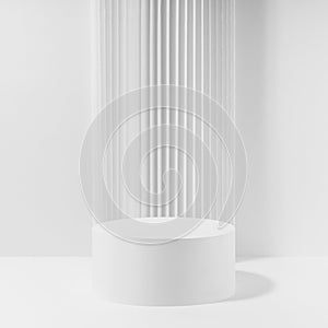Abstract stage with one white round podium with striped pillar as decoration, mockup on white background.