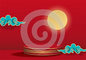 Abstract stage podium decorated with moon and clouds Chinese pattern.Pedestal scene with for product, advertising, show, on a red.