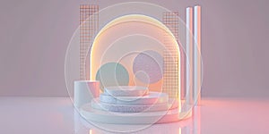 Abstract stage podium mockup with geometric shapes in pastel colors. 3d renderingact background, neon light, round podium