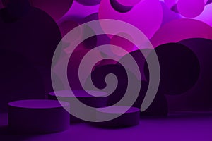 Abstract stage for presentation skin care products - three round podiums mockup in dark pink purple violet glowing light