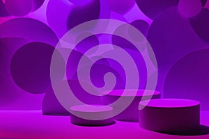 Abstract stage for presentation skin care products - three round podiums mockup in gradient pink purple violet glowing light