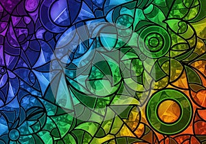 Abstract stained glass artwork featuring an array of geometric shapes and patterns. Vivid gradient