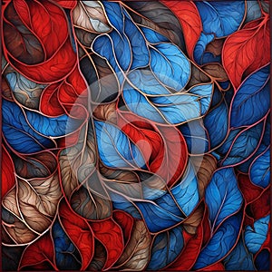 Abstract stained-glass window background - blue and red leaves