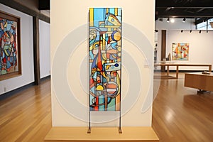 abstract stainedglass art piece displayed at an exhibition photo