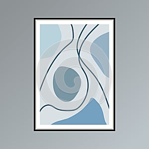 Abstract stains and lines poster in shades of blue for interior decor.