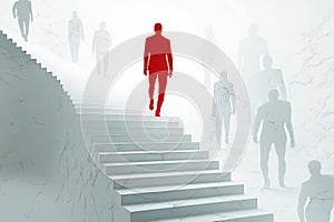Abstract staircase scene with silhouetted figures symbolizing progress, ambition, and leadership