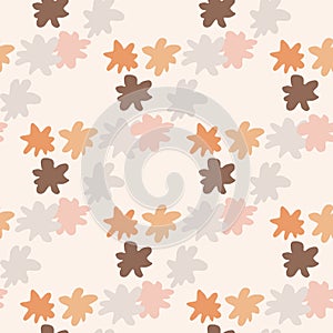 Abstract star elements seamless pattern. Ornament on orange, brown and pastel blue colors. Light background