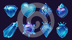 Abstract, star, heart, and crown diamond crystal game icons. Modern cartoon set of blue shiny gems or stones of glass