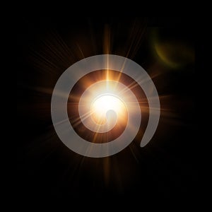 Abstract Star, Sun With Lens Flare on Dark Background. Orange Red Rays Shining and Sparkling. Square Photo.