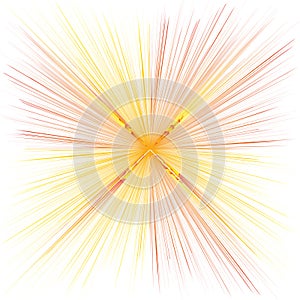 Abstract starburst explosion. Dynamic radiant light. Sunburst Vector graphic. Yellow orange lines.