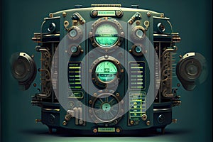 Abstract of steampunk machine in futuristic out space.