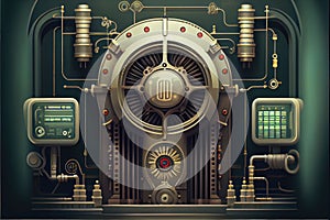 Abstract of steampunk machine in futuristic out space.
