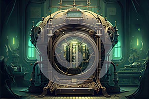 Abstract of steampunk machine in futuristic out space.