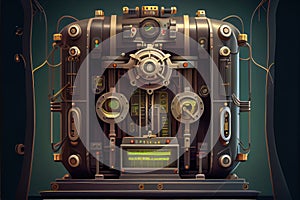 Abstract of steampunk machine in futuristic out space.