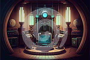Abstract of steampunk machine in futuristic out space.