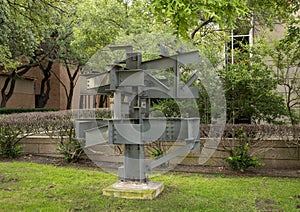 Abstract steel sculpture by unnamed artist outside the architecture building of the University of Texas at Arlington.