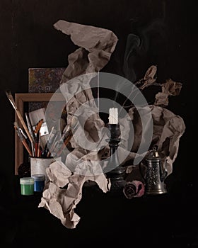 Abstract still life with objects that fly in space
