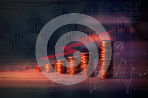 Abstract stock data concept or background with stack of coins and candlesticks