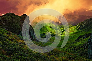 Abstract stone giant and fog over mountain valley