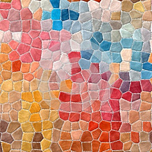 Abstract stony mosaic tiles texture background with gray grout - full color spectrum - beige, red, orange, b