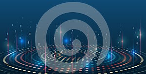 Abstract stream information with circles array and binary code. Filtering machine algorithms. Wide Big data visualization.