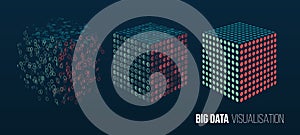 Abstract stream information with squares array and binary code. Filtering machine algorithms. Cube Big data visualization.