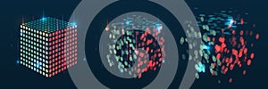 Abstract stream information with squares array and binary code. Filtering machine algorithms. Cube Big data visualization.