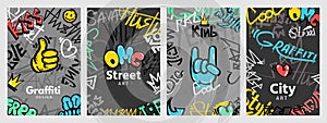 Abstract street art posters with graffiti style slogans. Urban wall spray paint drawings and splashes. Cool cover