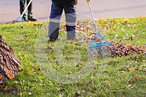Abstract street cleaner sweeping fallen leaves with rake, autumn day. Fall, leaf fall, city cleaning