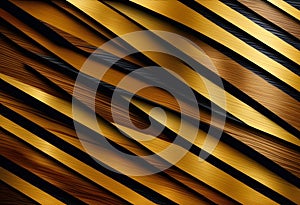 Abstract striped background. Wood texture. Gold stripes, dark stripes, black lines, elongated