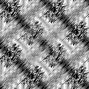 Abstract striped black and white 3d seamless pattern. Vector grunge background. Modern ornaments with diagonal