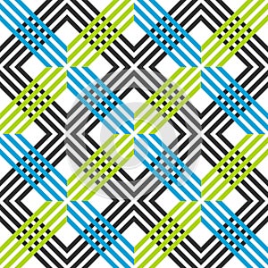 Abstract striped geometric pattern with lines and grids. Seamless vibrant colored background in dark grey, blue and green colors