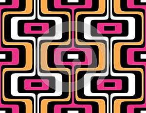 Abstract striped pattern with a geometric retro design of colorful concentric rectangles.