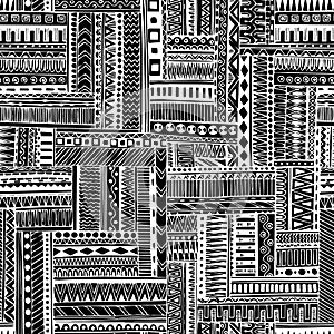 Abstract striped textured geometric tribal seamless pattern. Vector black and white background. Endless texture can be used for wa