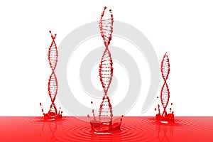 abstract structure dna red blood shape string bubbles liquid splash ripples wave triple helix floating surface white background.
