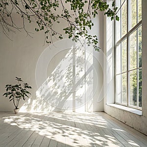 Abstract studio room with sunlight and leaf shadows