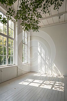 Abstract studio room with sunlight and leaf shadows