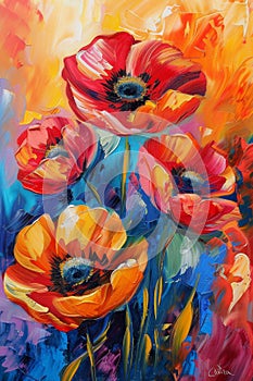 Abstract style flower paintings, bright colors, free shapes, emphasizing bright, lively emotions