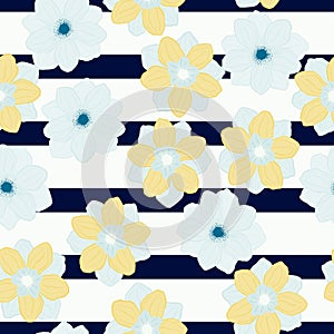 Abstract style nature seamless pattern with light blue and yellow random anemone print. Striped background