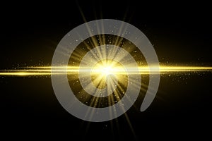 Abstract stylish golden light effect on dark background. Glowing magical star. Bright flares. Gold rays. Magic explosion. Christma