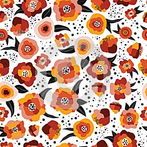 Abstract stylized autumn flowers and leaves seamless vector doodle background pink orange red black. Nature repeating