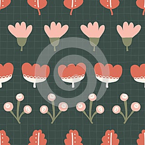 Abstract stylized autumn flowers and leaves seamless vector doodle background pink orange red green black. Nature