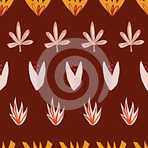 Abstract stylized autumn leaves seamless vector doodle background pink orange yellow red. Flowers and leaves repeating