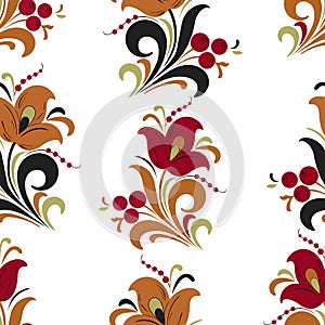 Abstract stylized flower seamless pattern, vector background. Red, orange, green and black decorative flower, berries and curls on