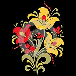 Abstract stylized flower, vector illustration, bouquet drawing. Decorative flower in red, yellow and green colors, buds, stem, pet