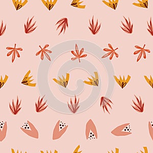 Abstract stylized leaves seamless vector doodle background red orange yellow pink. Flowers and leaves repeating pattern