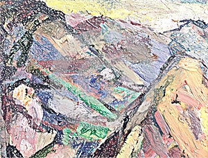 Abstract stylized oil painting mountains on textured canvas