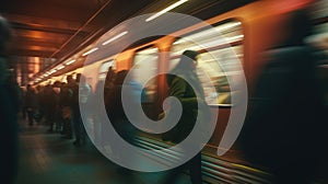 Abstract subway station. Moving fast in a blur. Train speed and people using public transportation. New York City metro.