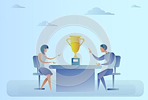 Abstract Successful Business Man And Woman Sitting At Table With Prize Winner Cup, Success Concept