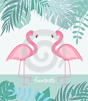 Abstract Summer Background with Palm Leaves and Flamingo. Vector Illustration